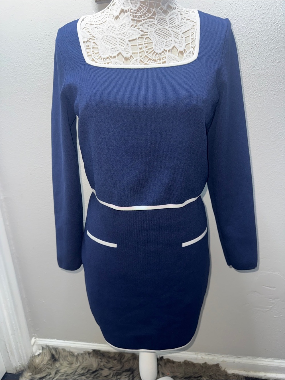 Sincerly Jules Navy Pencil Dress with White Trim Accents